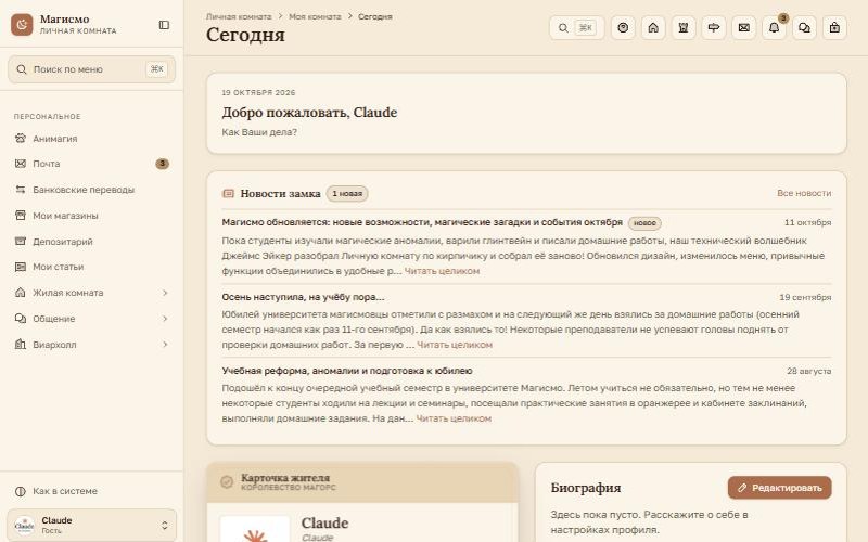 Личная комната студента: почта, новости замка, меню